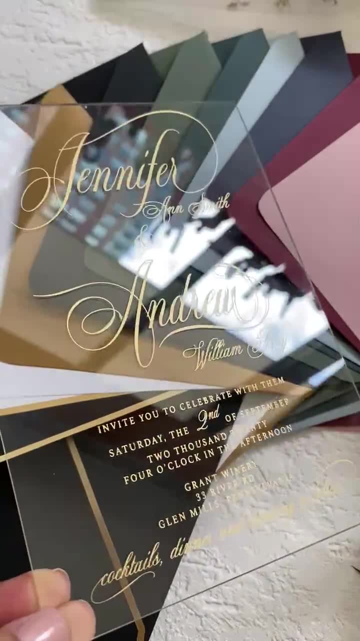 Frosted Acrylic Invitations Wedding Translucent Plexiglass Shiny Black  White Gold Luxury Modern Calligraphy Floral Invite Lucite SAMPLE KIT 