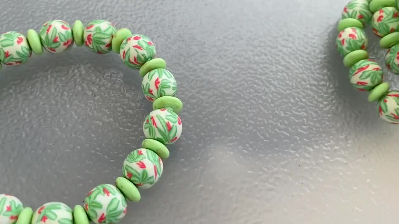 Green Clay Beads Stretch Bracelet , Green Jewellery 