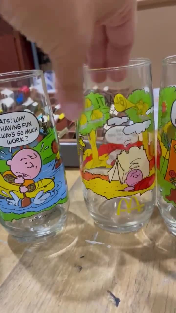 Vintage Camp Snoopy glasses, 1980s McDonalds Peanuts collector series Linus  Lucy Snoopy Charlie Brown Peppermint Patty