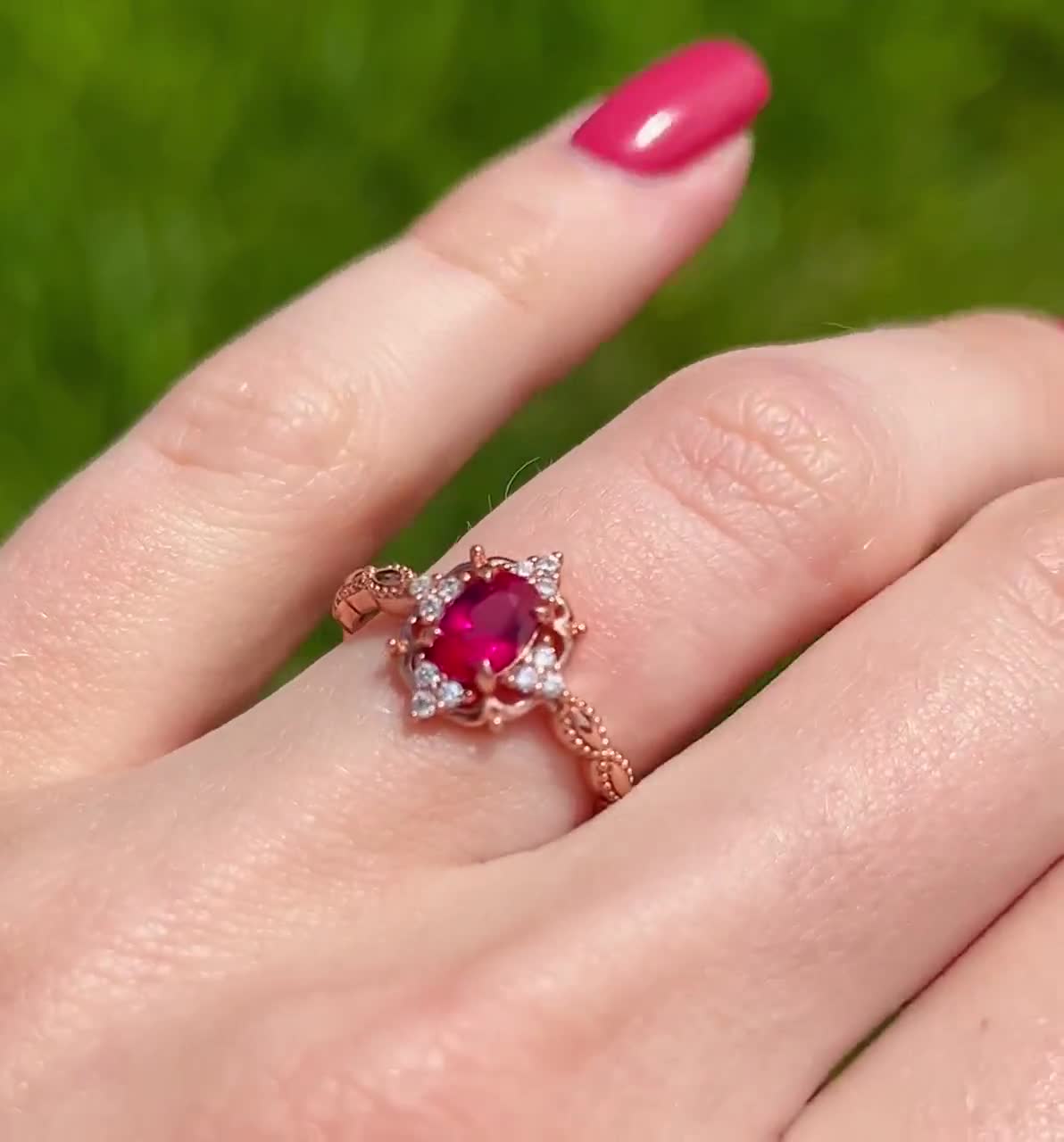 Vintage Natural Ruby Engagement Ring For Women- 14K Solid Rose Gold Promise  Ring- Art Deco Milgrain Ring - July Birthstone- Gift For Her