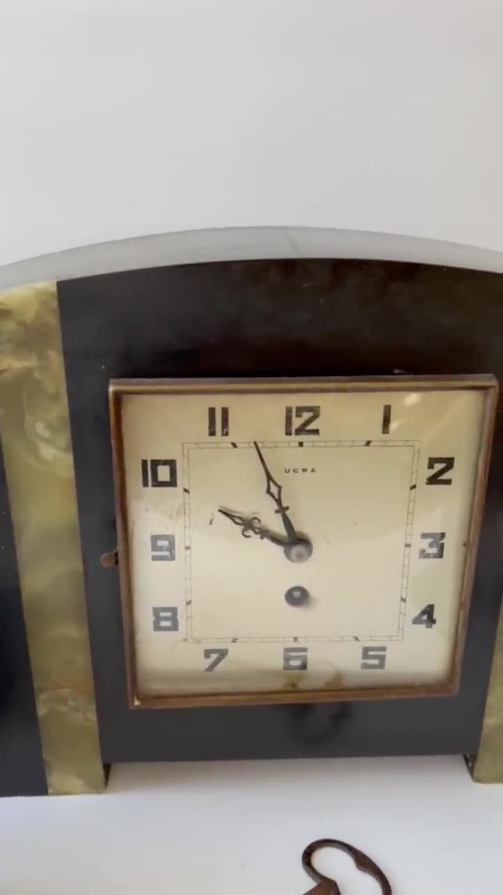 French Art Deco “UCRA” Marble & Onyx Mantel Clock With Side