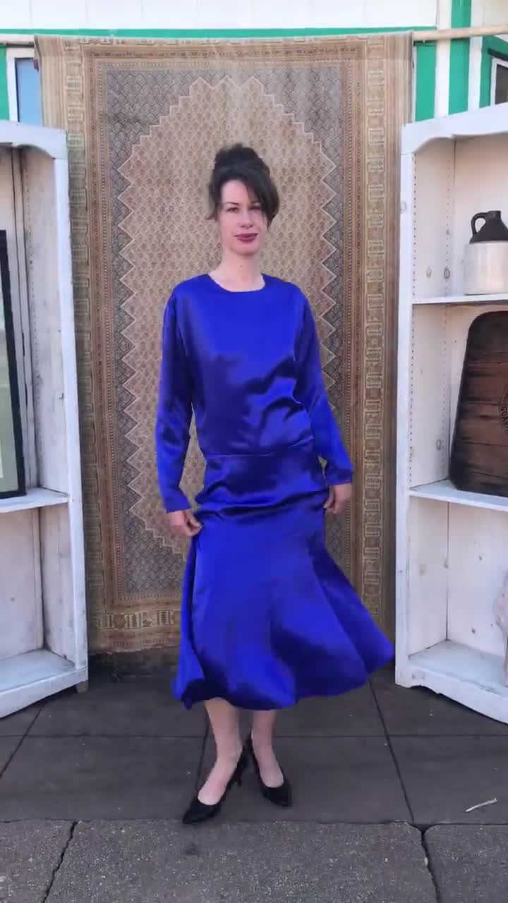 Eighties Does Thirties Royal Blue Satin Drop Waist Dress With Back