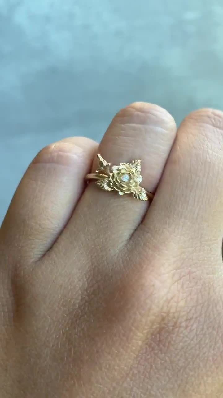 ROSE | 9K Gold Diamond Rose Ring | Solid 9K Gold Flower Ring | Rose Ring |  Dainty Flower Ring | Hand Carved Flower Ring | Valentine Gift