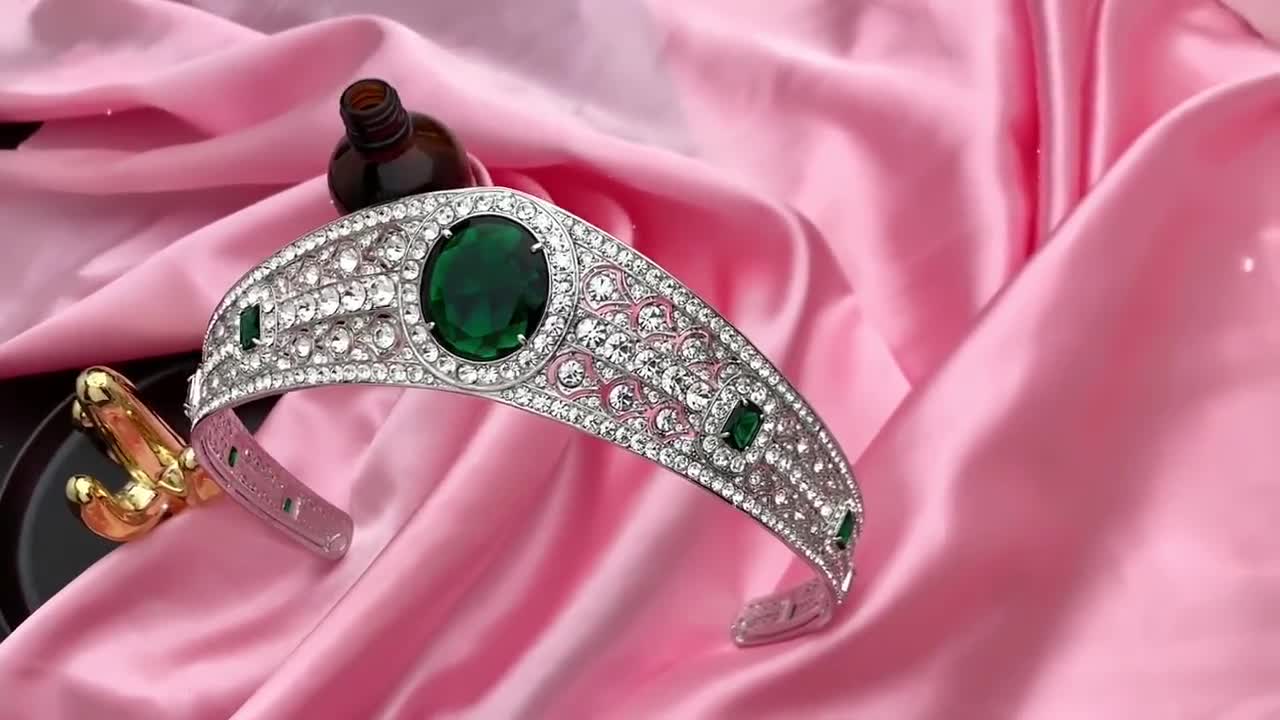 Bridal Tiara Princess Eugenie The Greville Emerald kokoshnik Royal wedding  Interpretation With Green CZ and Austrian crystal Rhodium Plated