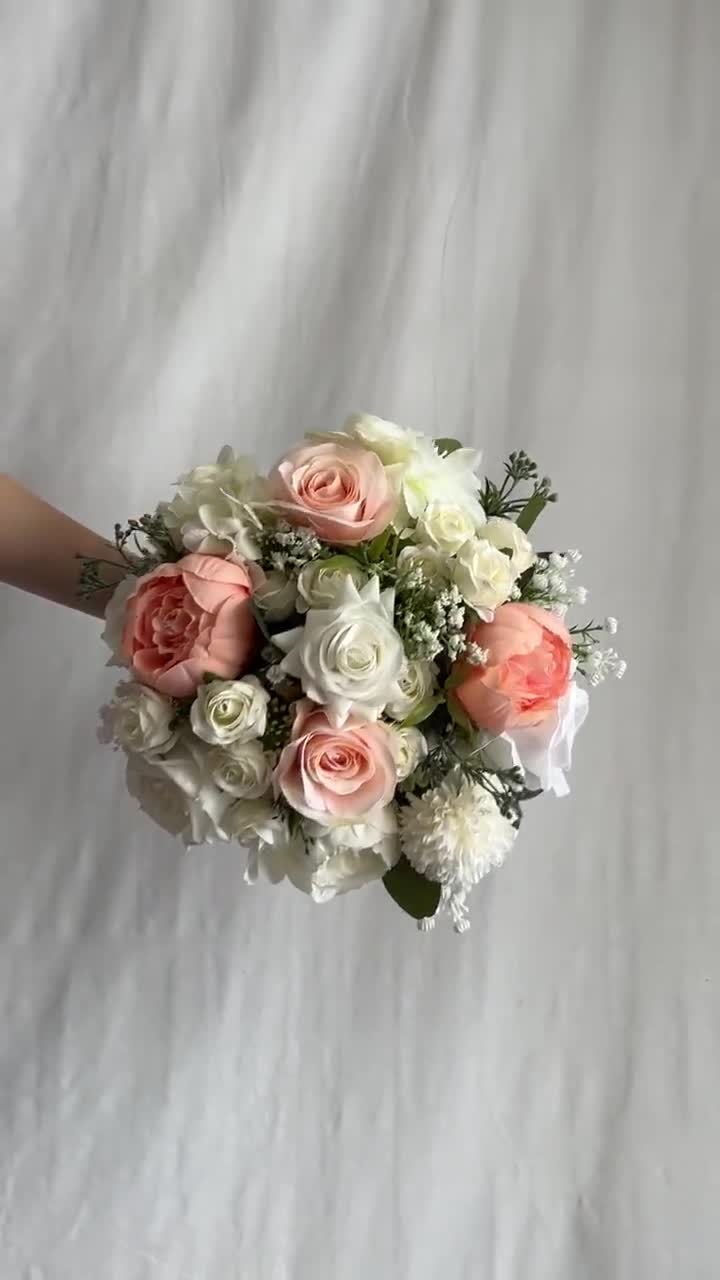 Faux Bridal Bouquet With White and Peach Flowers, White Bouquets