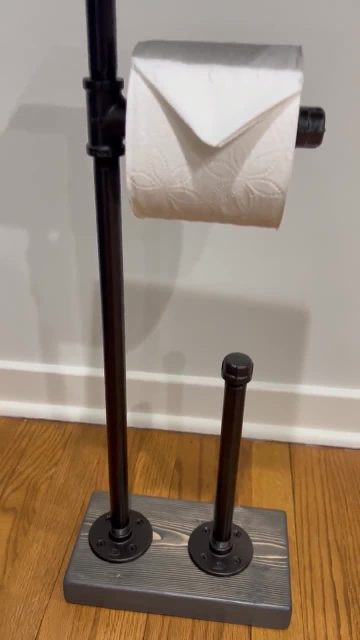 Gray Wood Toilet Paper Stand With Shelf and Extra Storage 3 