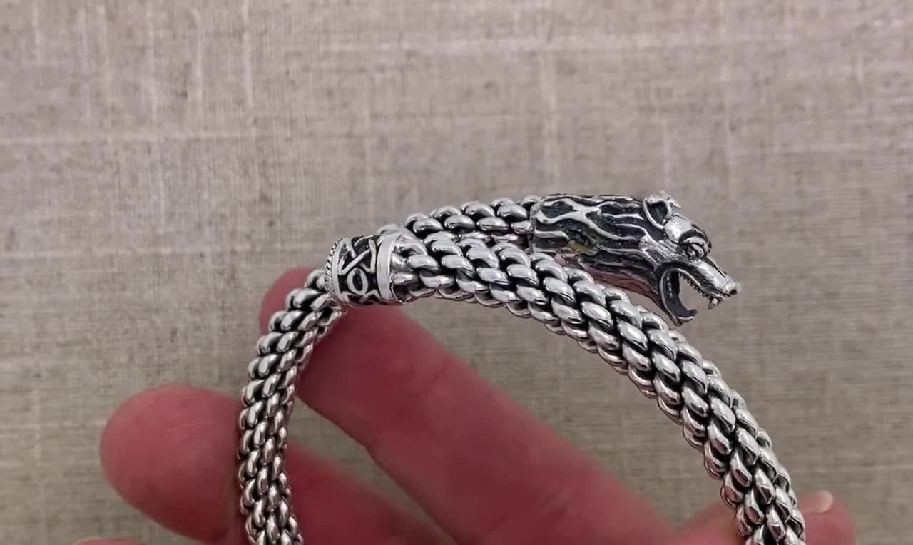 Sterling Silver Celtic Wolf Head Torc Bangle Bracelet With