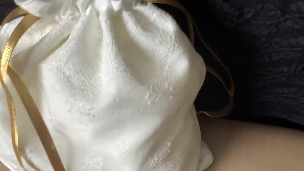 【DEINET】LACE STRING BAG (IVORY) White Satin and Lace Bridal Drawstring Bag, Wedding Money