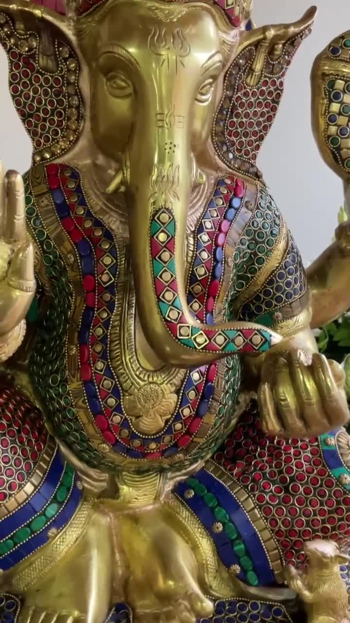 Ganesha Statue Large Brass Stonework Idol 21 Inch Hindu