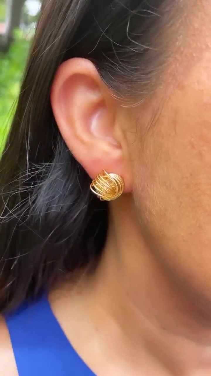 Orecchini a bottone con nodo d'amore in oro rosa, giallo e bianco massiccio 14k (9 mm), eleganti e rari orecchini a bottone in oro massiccio tricolore di grandi dimensioni per donna