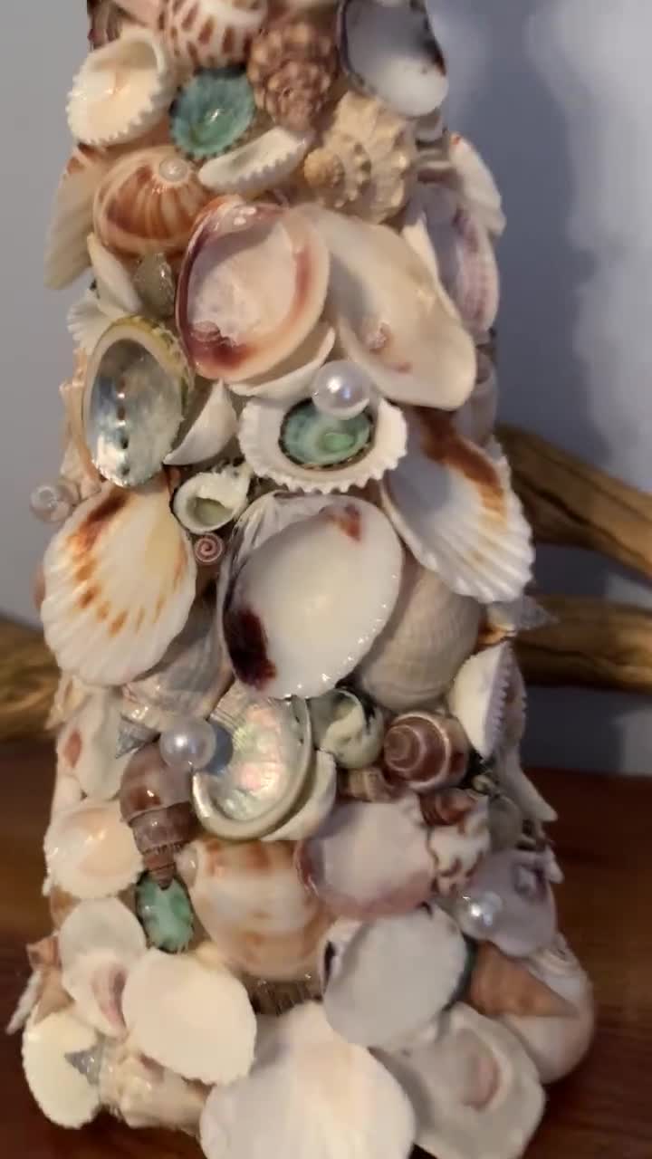 Seashell Christmas Tree Topiary With Limpets, Pearl Beads, & Starfish /  Coastal Christmas Decor / Lighted Garland Optional 