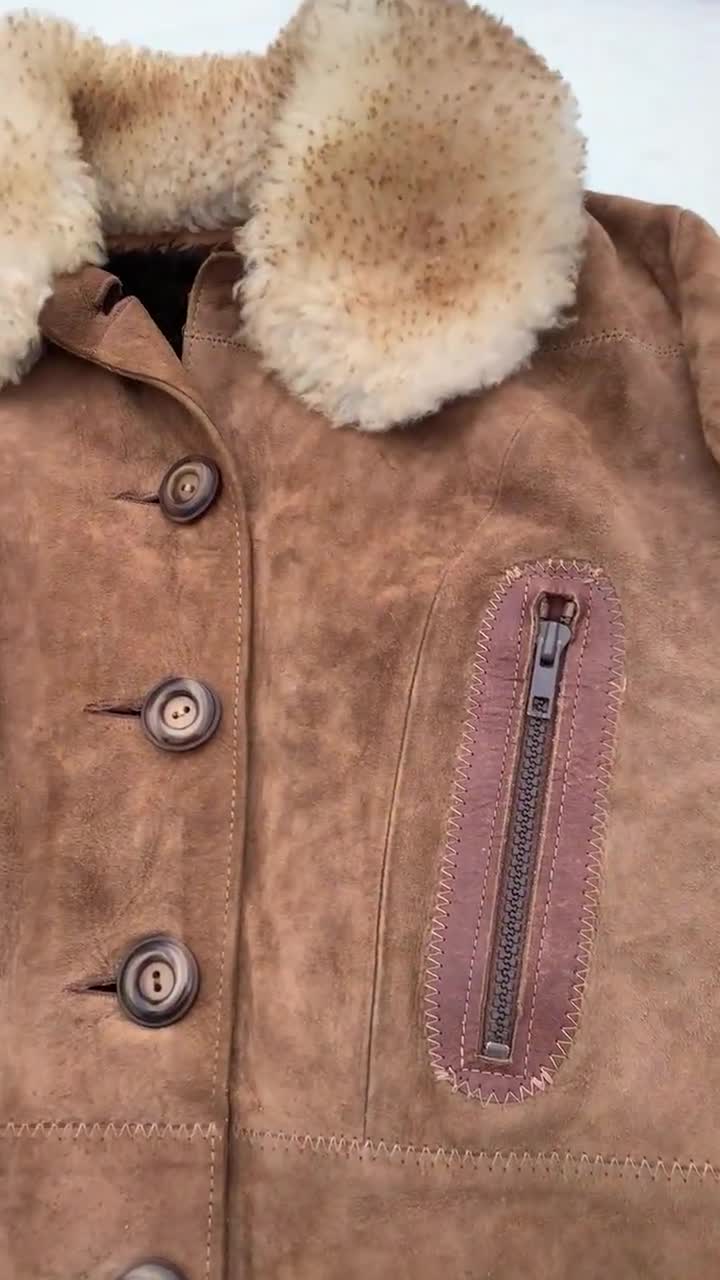 60s 70s Suede Crop Jacket | Size S | Sheep Skin Collar | Penny Lane Jacket
