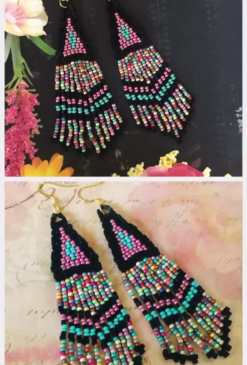 Long Fringe Dangle Seed Bead Earrings, Southwest Boho Large Dangles, Summer  Tropical Jewelry