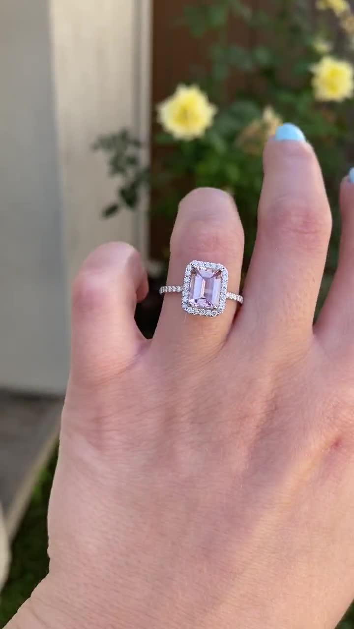 Emerald Cut Morganite Diamond Halo Engagement Ring. 14k White Gold