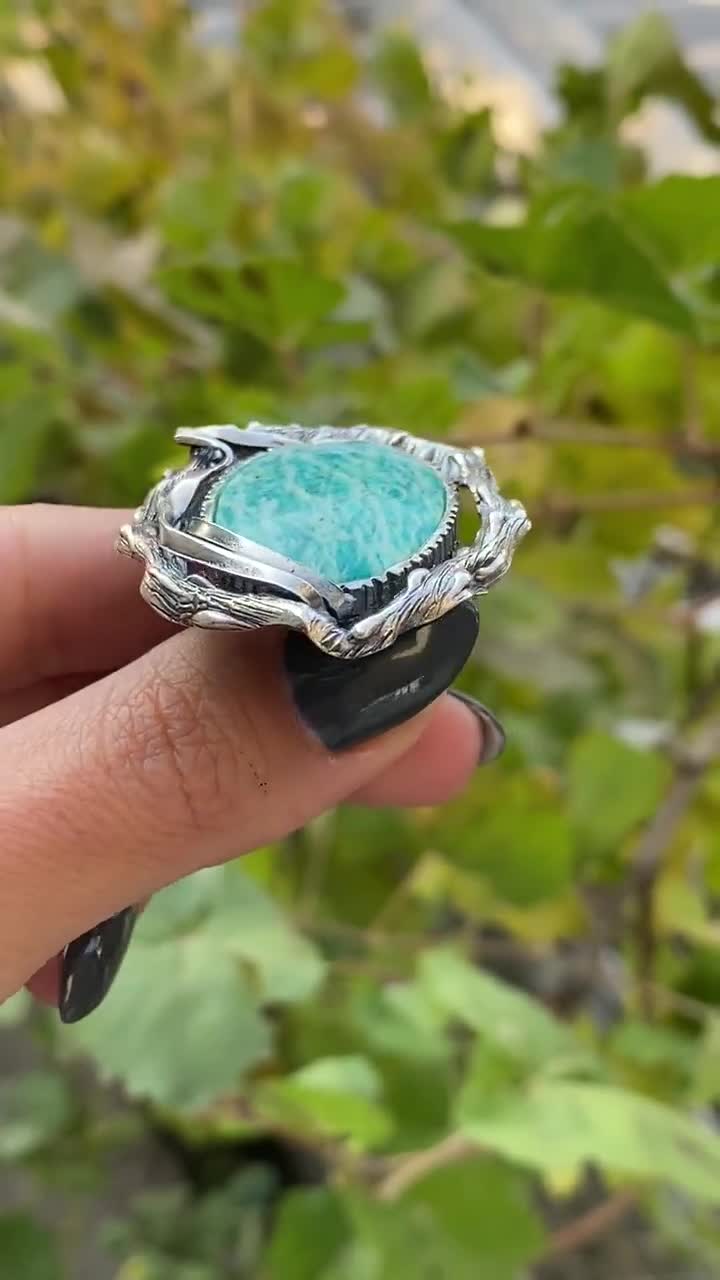 Huge Amazonite Ring, Abstract Ring Sterling Silver