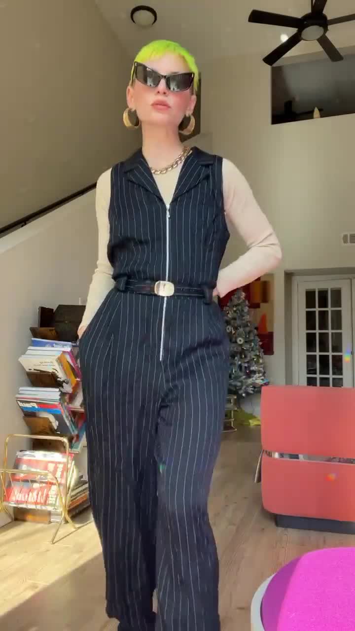 Vintage 80s 90s girl boss black pinstripe jumpsuit, 1980s 1990s plunging pleated striped pantsuit, career wear pant hot suit, small s medium m