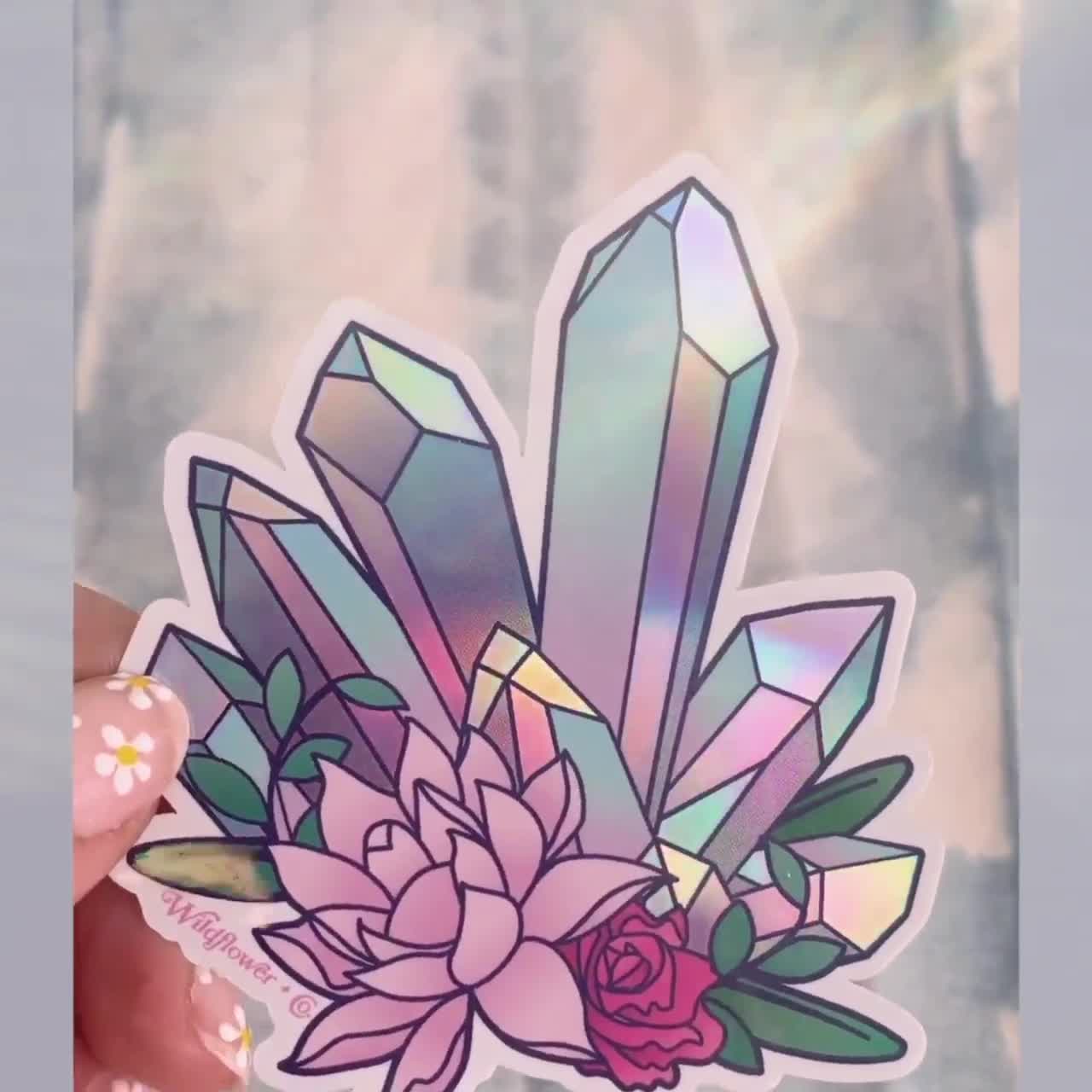 Crystal Sticker Holographic Pastel Aura Crystals & Pink Lotus Stickers for  Laptop Water Bottles Aesthetic Stickers 