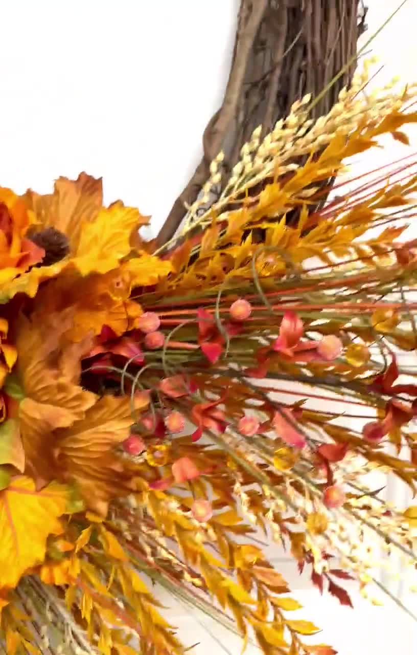 Autumn Harvest Wreath with Orange Dahlias and Maple Leaves, Fall Door Decor, Thanksgiving Wreath, Rustic Fall Floral Wreath, Mantle Decor video poster