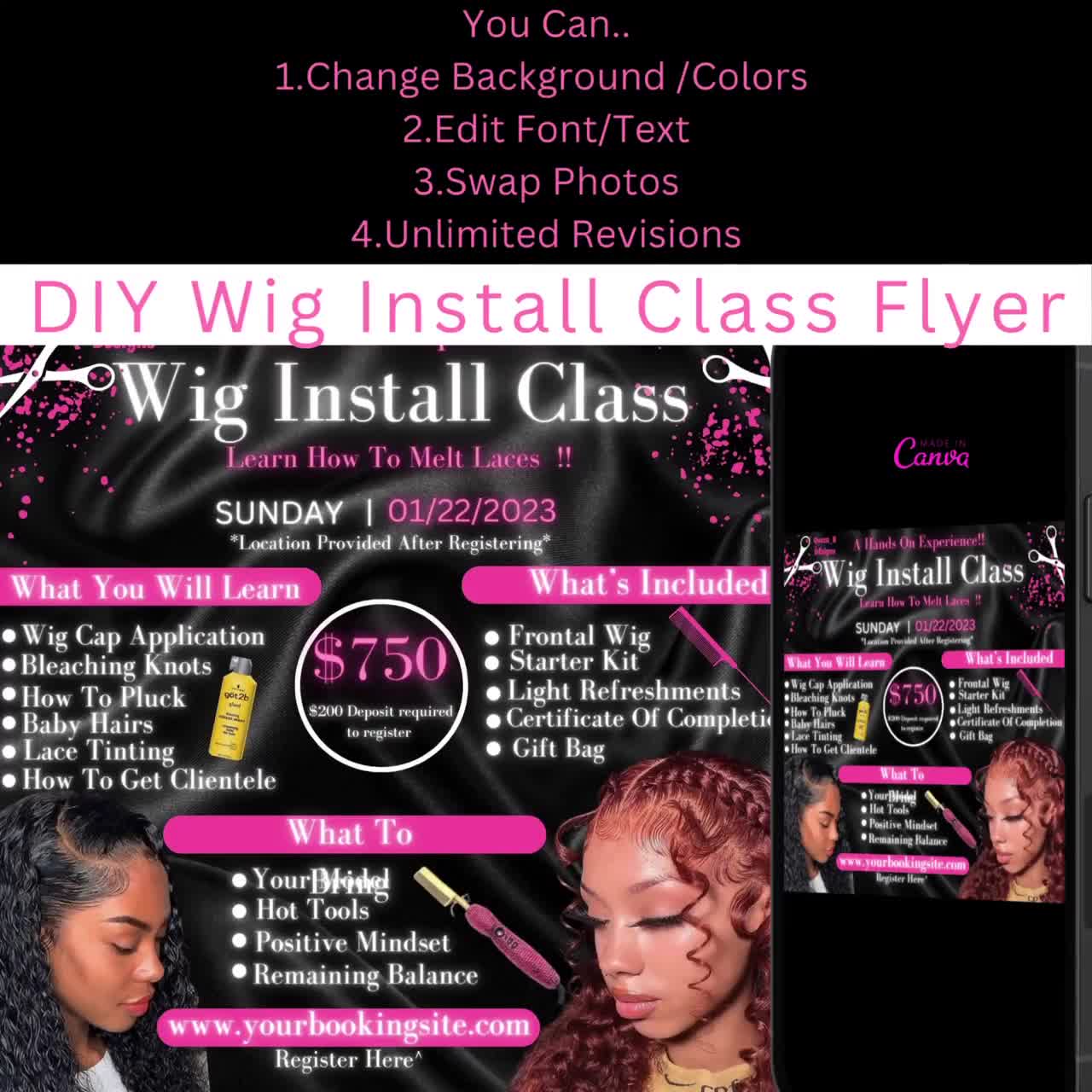 Wig Class Flyer Hair Course Wig Install Masterclass Booking Flyer  Registration DIY Hair Stylist MUA Editable Instagramcanva 