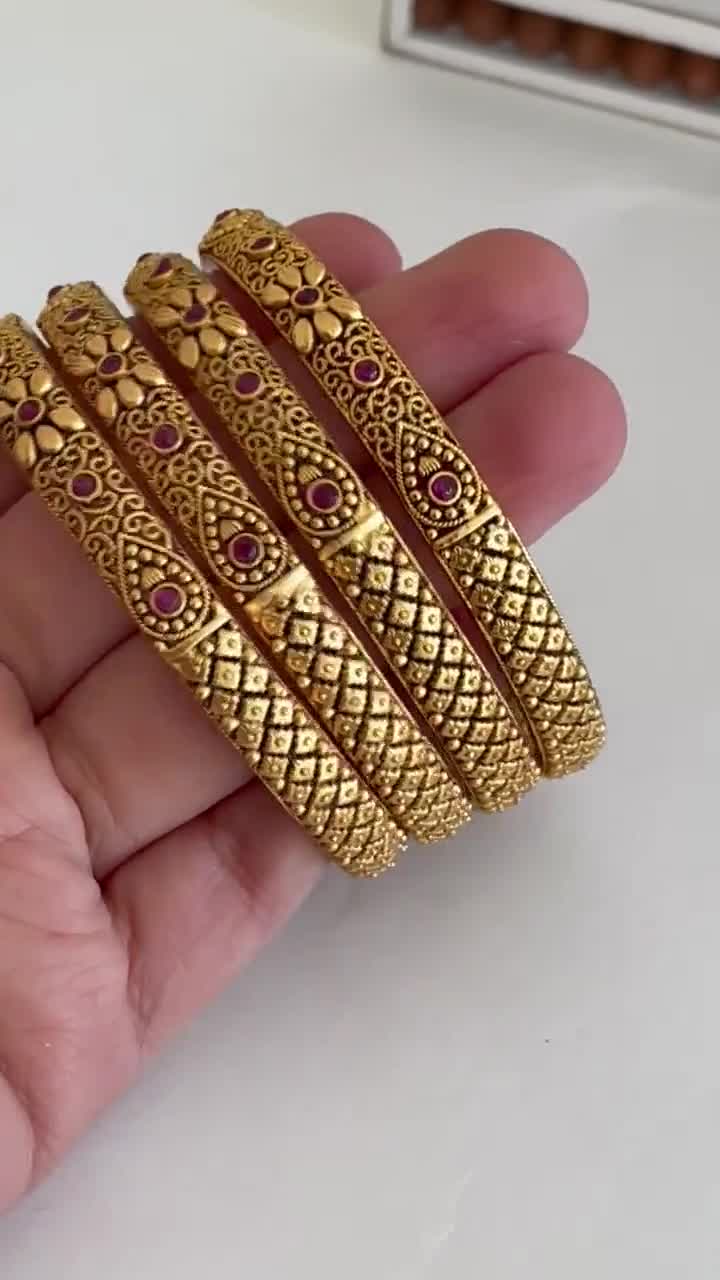 Gold Plated Antique Gold Ruby Bangles/Gold Bangles /Indian Bangles/Antique  gold Kada/kemp bangles/Gold Kada bangles/south Indian jewelry