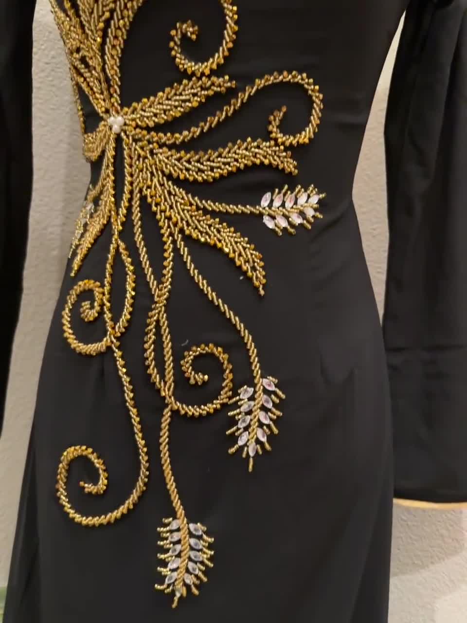 Black With Gold Beaded Tradtional Chiffon Ao Dai With Gold Satin Pants A277  
