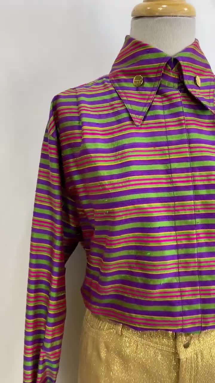 Vintage 80s Guy Laroche Pink Silk Striped Blouse, Large