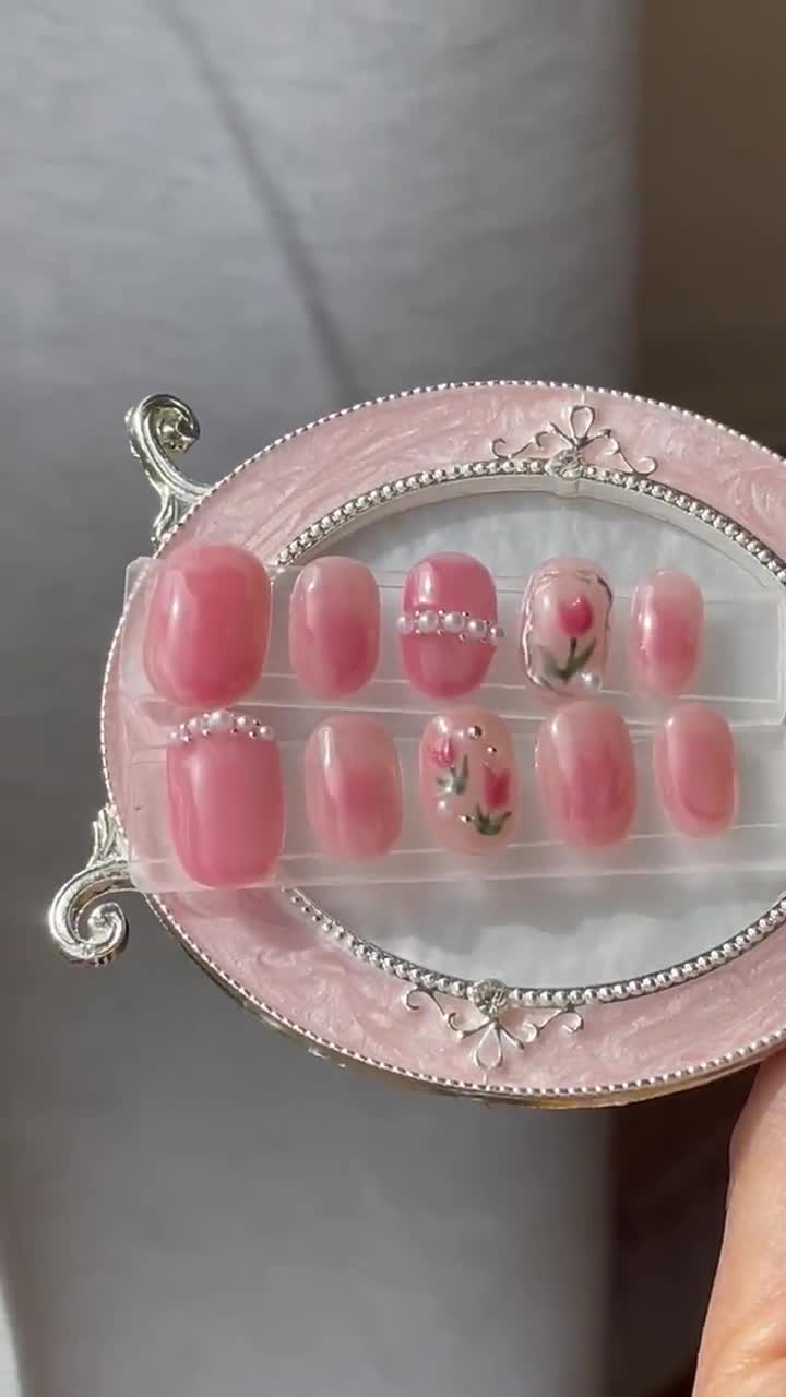 Just Beautiful. Tulip Nails With Pearl and Ball Charms . Luxury Hand  Painted Press on Nails. Jelly Peach Nails and Marble Art . 