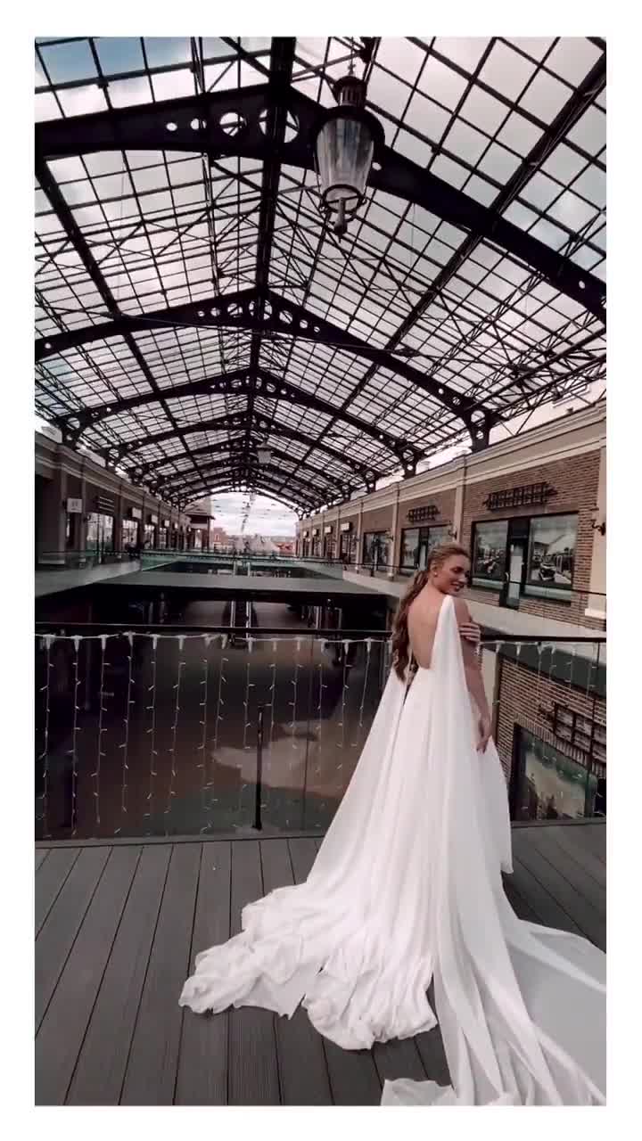 Vollständige Produktpalette Öffnen Sie zurück Chiffonkleid mit Chiffonhochzeitskleid, Jess Schleppe, langer einfaches weißes Hochzeitskleid
