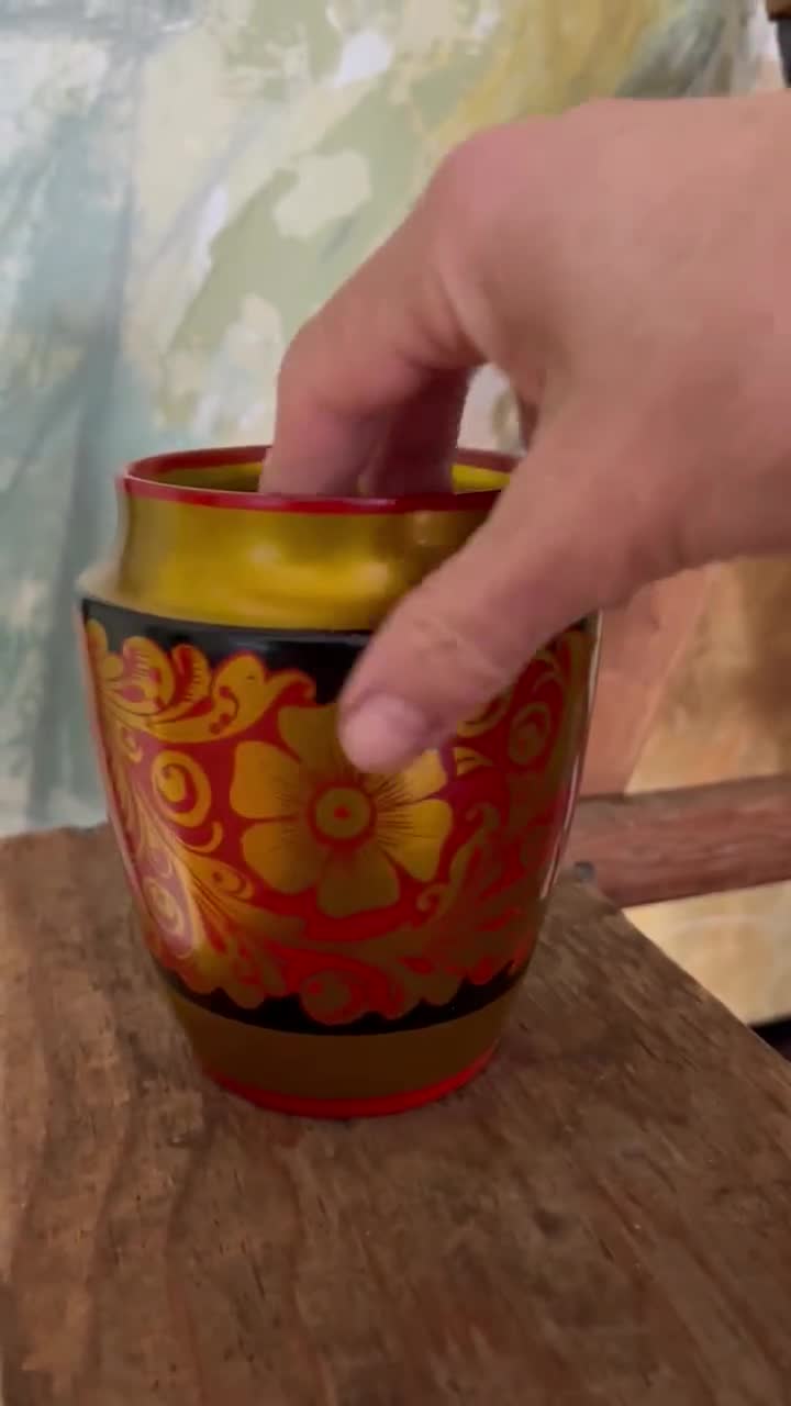 Vase En Bois Khokhloma Peint à La Main – 24 Cm – Art Populaire Russe – Motifs Fleurs Et Baies