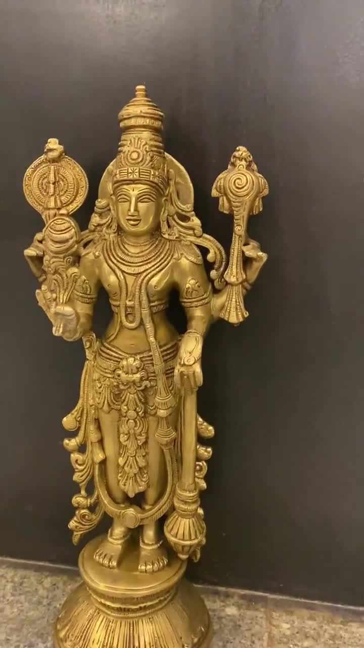Brass Statue of Lord Vishnu . Narayan Idol, Standing Vishnu Statue . 