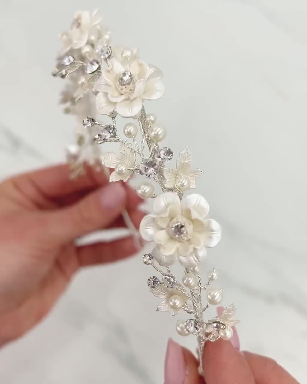 Floral Bridal Headband, Flower Wedding Headband, Pearl Bridal Headband,  Pearl Bridal Headpiece,Bridal Hair Accessory,Ivory Headband ~TI-3307