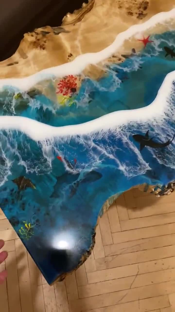 Epoxy Resin Table With Light, Epoxy Resin Art Table With Glowing Sharks,  Ocean Wave Table, Custom Order Epoxy Resin Table, Dining Table 