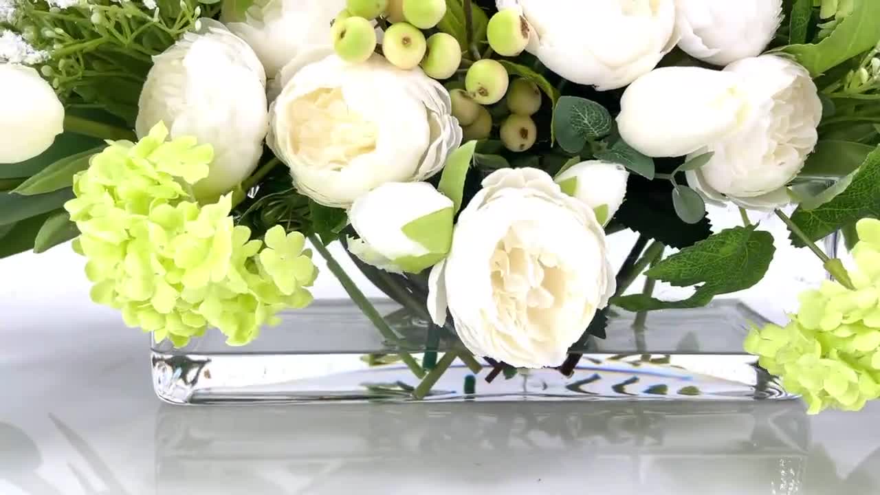 Composizione Floreale Artificiale Ortensia In Seta Con Vaso Di Vetro E Acqua Finta - Bianco Crema, Altezza 20 Cm, Decorazione Fai Da Te Per Matrimoni E Casa