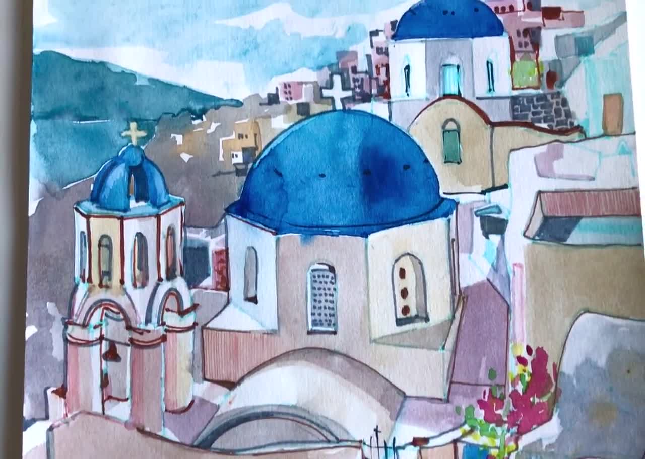 サントリーニ島オリジナル水彩画ギリシャアート旅行スケッチby