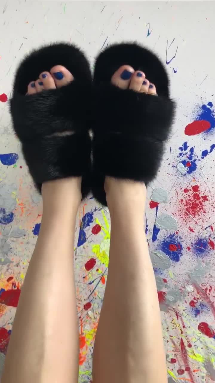 Rose Red-Real Mink Fur Fox Fur Slides Slippers Sandals Indoor Ourdoor Flat  Shoes