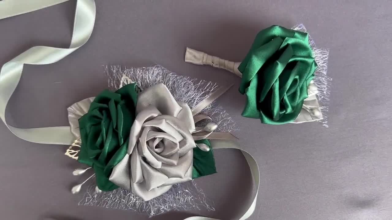 Emerald Green and Silver Wrist Corsage or Boutonnière 