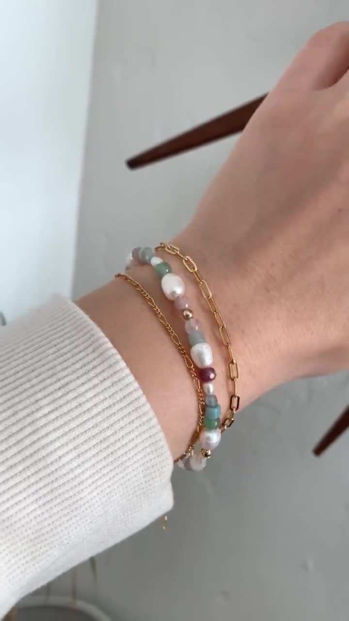 Pearl and Mixed Gemstone Bracelet, 14K Gold Filled Multicolor Beaded  Bracelet, Multi Gemstone Bracelet, Gold or Silver Gem Bracelet