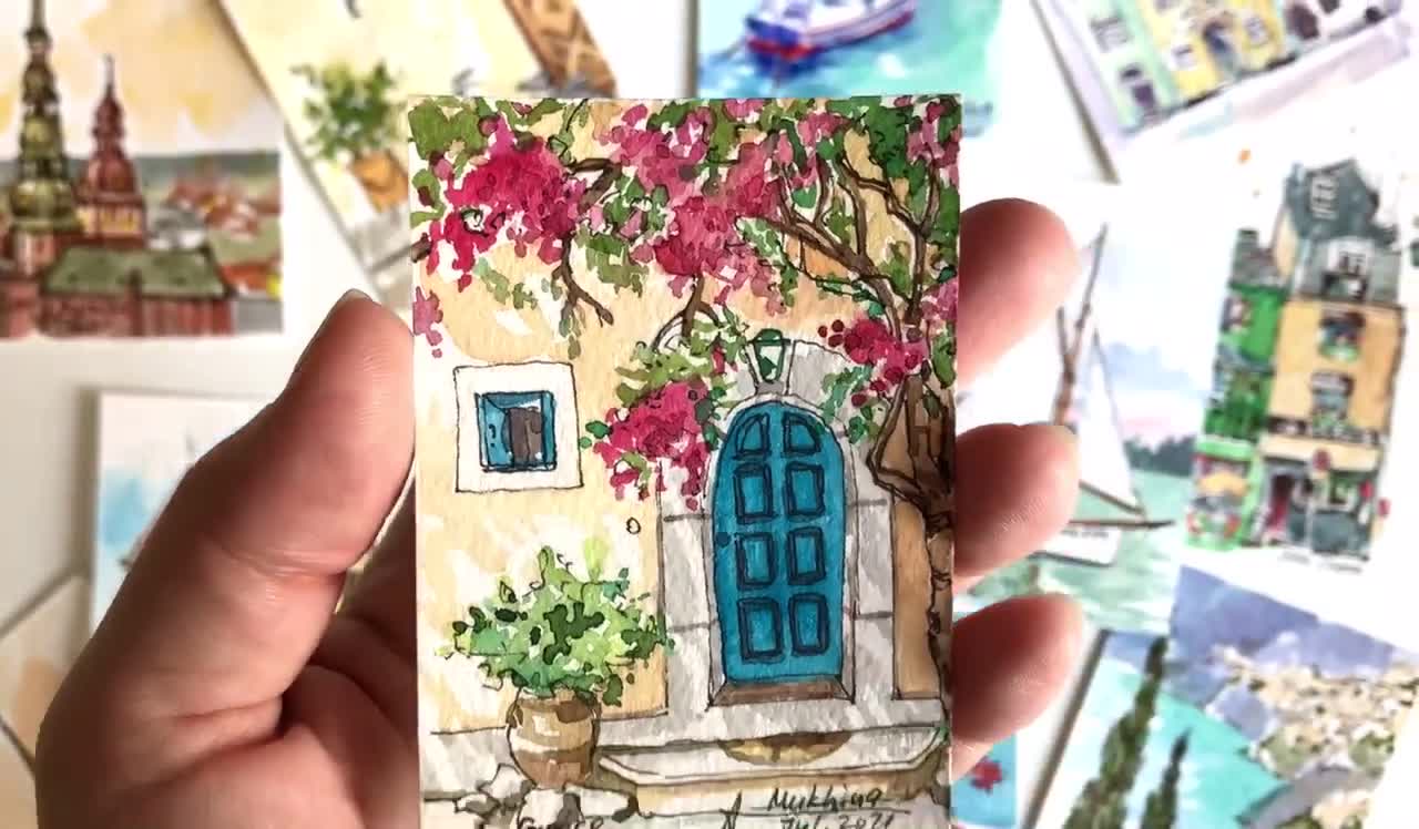 Buy Santorini Watercolor ACEO Bougainvillea Art Original Painting Santorini  Painting Miniature Artwork by Anamustudio Online in India 