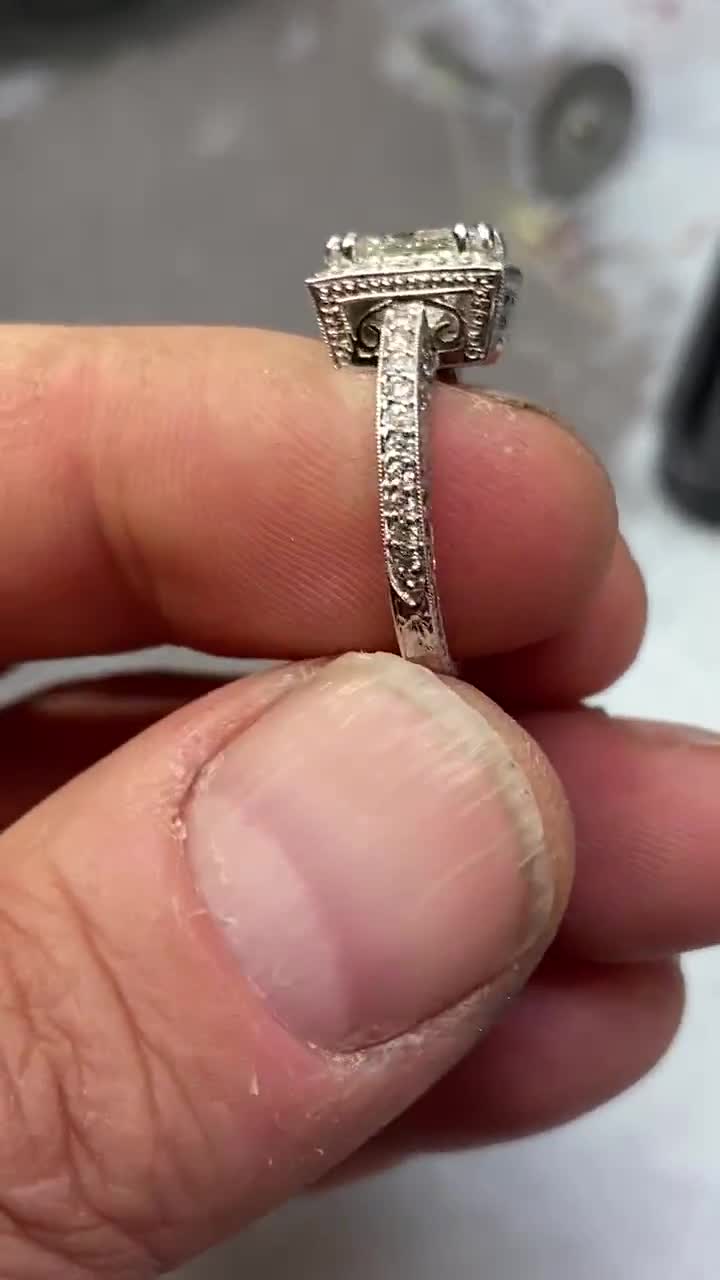 Art Deco Engraved Platinum Halo Princess Cut Diamond