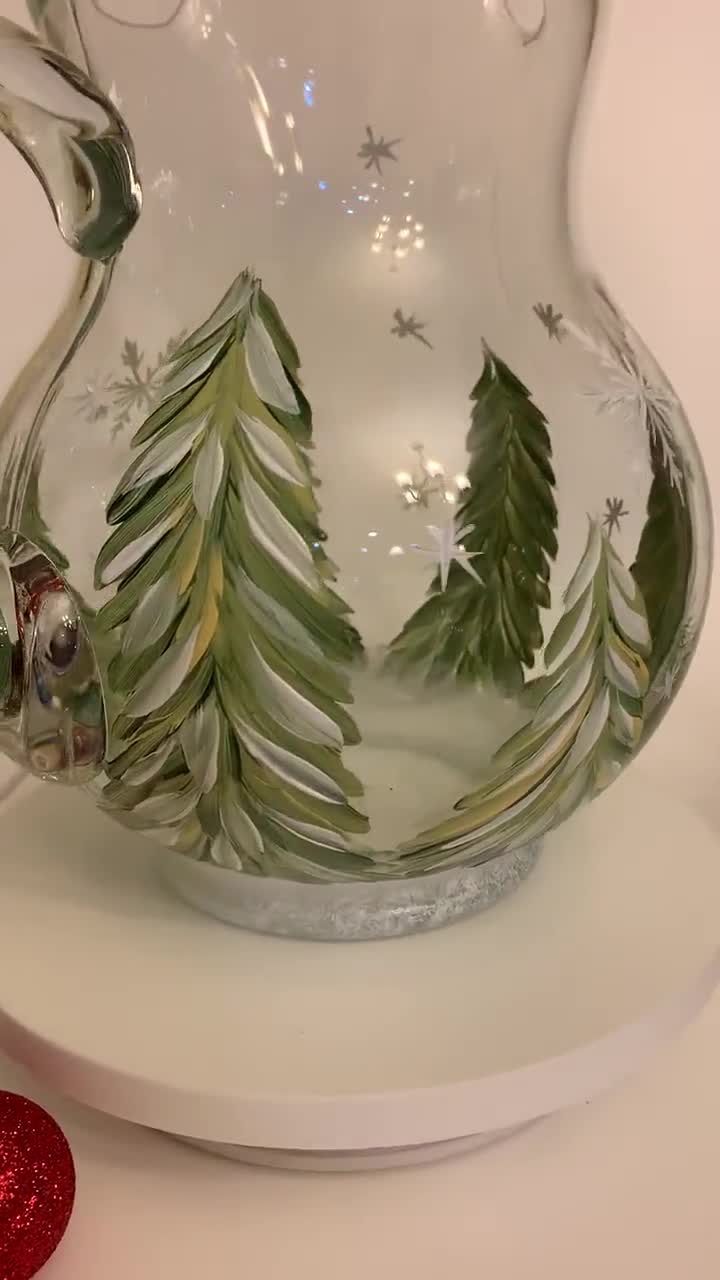 Painted Glass Pitcher Set With Winter Trees Holiday Pitcher 