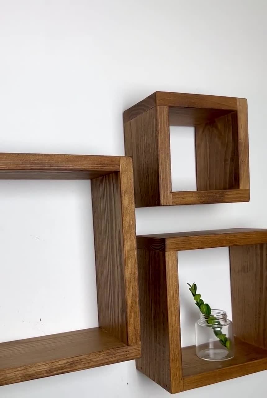 Set of 3 Floating Cube Shelves Quality Wood Shelving Hanging Plant