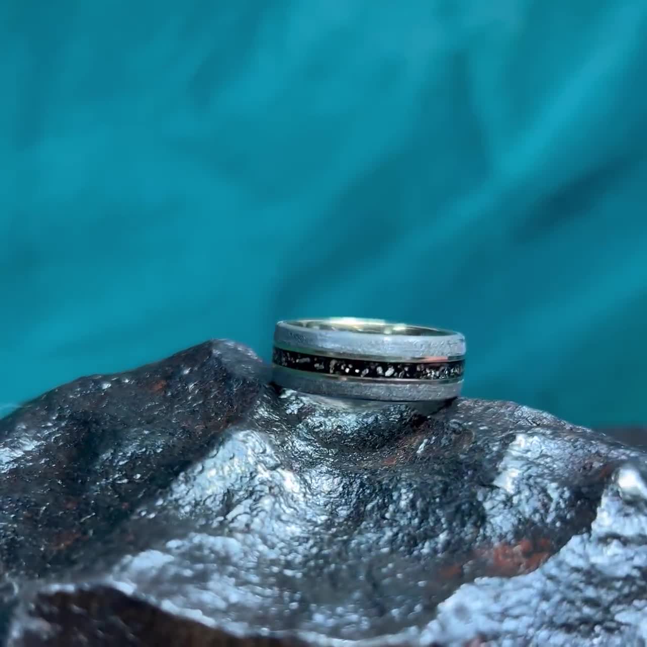 Blue Men's Ring With Gibeon Meteorite, Colorful Wedding Band