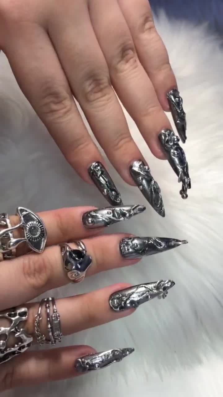 Black Goth Press on Nails With Charms Valentines Day 2024 Gift 