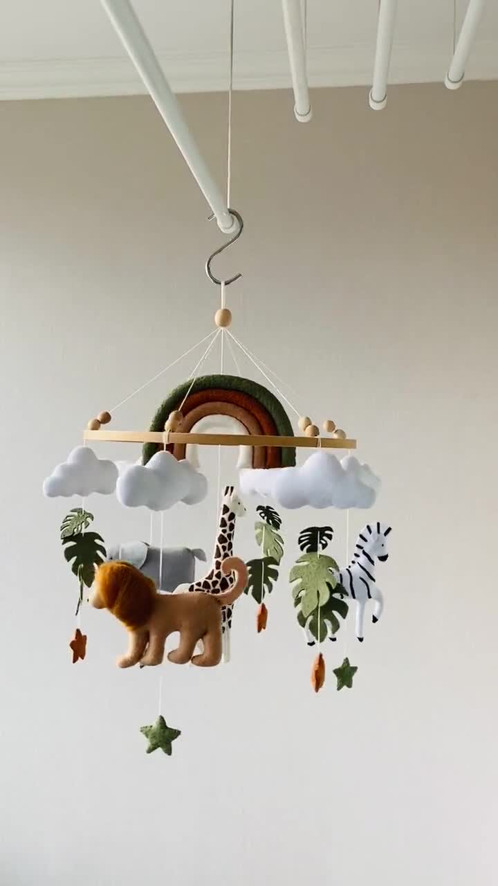 Safari nursery mobile with Rainbow , realistic felt animals lion, giraffe,  zebra, elephant, Crib mobile, ceiling mobile, newborn gift.