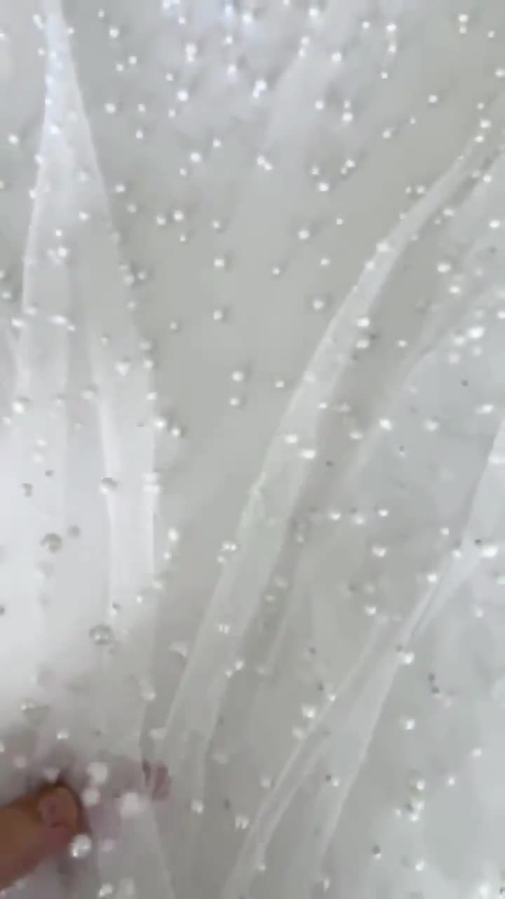 Bright White Pearl Tulle Fabric, Pure White Beaded Pearl Tulle Fabric by  the yard,white tulle mesh with pearls for veils,Bridal beaded tulle