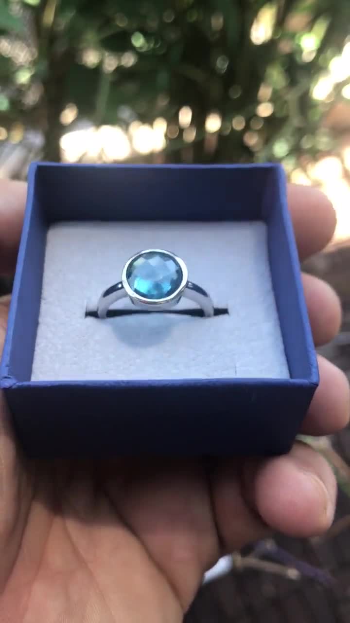 天然石リング　高品質ブルートパーズ　12mm 超大　高透明　SV925刻印 Swiss Blue Quartz Round Ring- Dark Blue Topaz Silver Ring