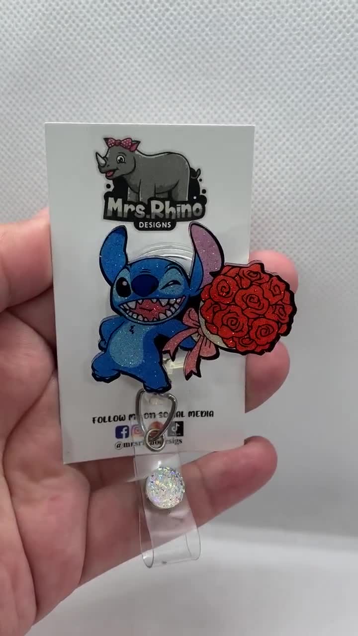 Stitch with Roses Bouquet Retractable Badge Reel, Valentine's Day ID Holder, Glitter Holiday Rn Key Card, Hospital Nurse Gift, Medical ID