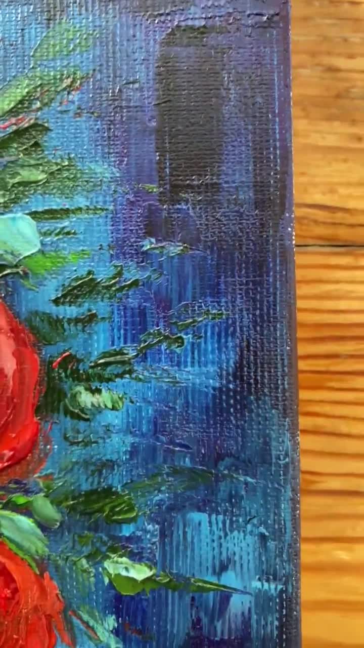 赤いバラのインパスト画：キャンバスに描かれた花の油絵（10×10インチ