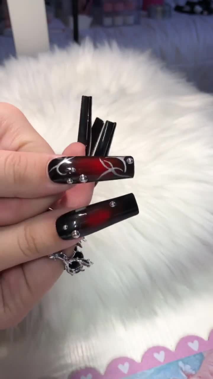 Red & Black Long Squared Goth Emo Press on Nails With Charms and Piercings  Valentines Day 2024 Gift 