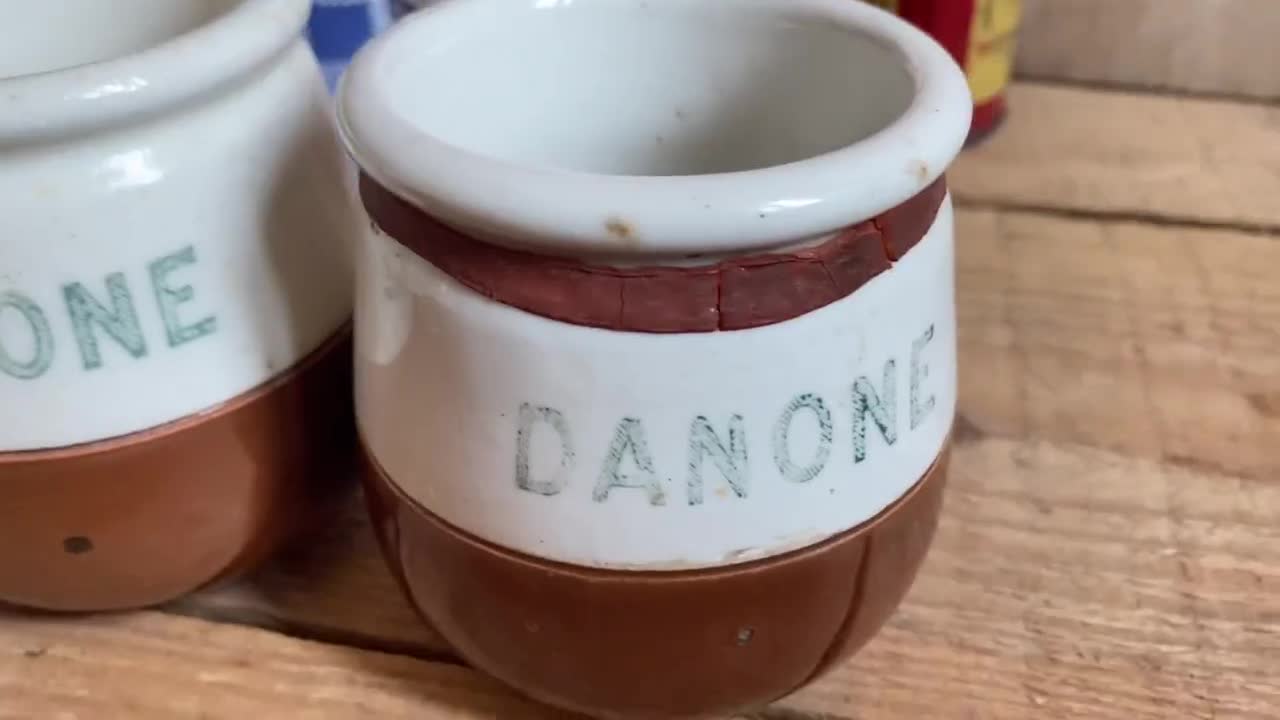 4 Antique and French Stoneware Danone Yogurt, Danone Stoneware Yogurt Jar  X4, Country Kitchen -  Denmark